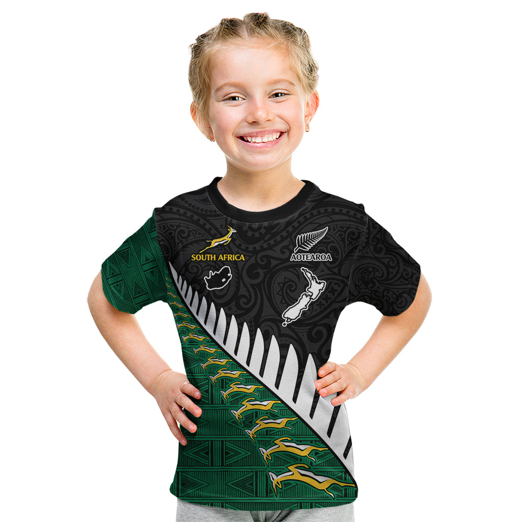 Custom South Africa and Aotearoa Rugby Kid T Shirt Springboks Black Fern Maori Vibe - Vibe Hoodie Shop