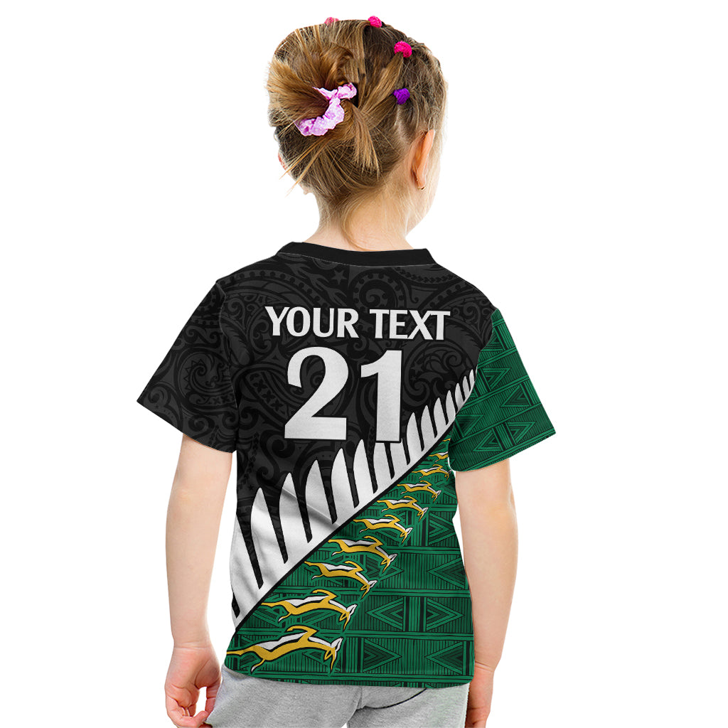 Custom South Africa and Aotearoa Rugby Kid T Shirt Springboks Black Fern Maori Vibe - Vibe Hoodie Shop