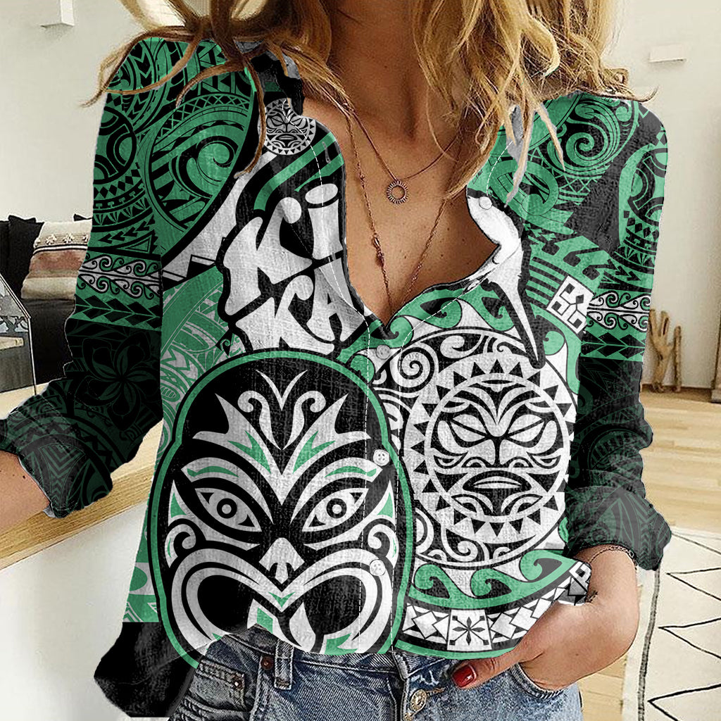 Personalised Te Reo Maori New Zealand Women Casual Shirt Aotearoa Kia Haka Maori Tribal Tattoo Green Style - Vibe Hoodie Shop