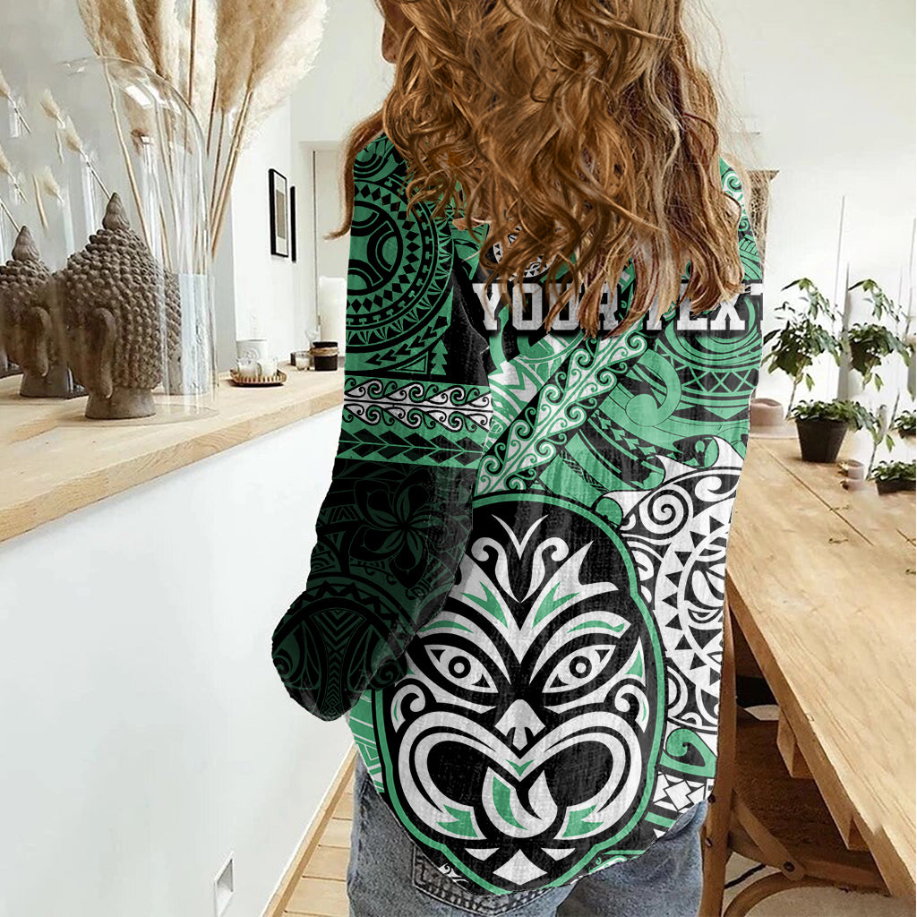 Personalised Te Reo Maori New Zealand Women Casual Shirt Aotearoa Kia Haka Maori Tribal Tattoo Green Style - Vibe Hoodie Shop
