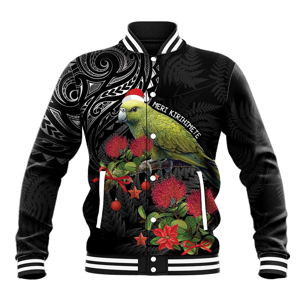 Meri Kirihimete Kakapo Baseball Jacket Black Silver Fern Christmas Vibe - Vibe Hoodie Shop