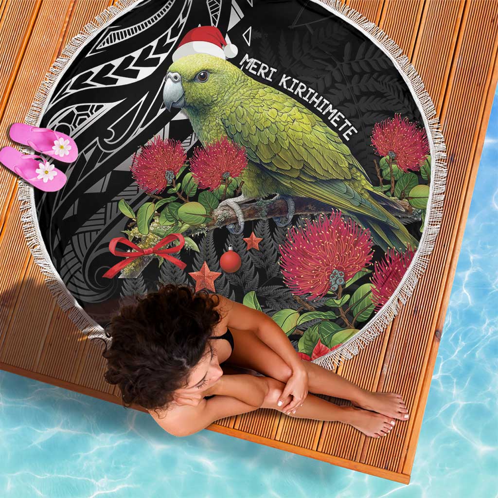 Meri Kirihimete Kakapo Beach Blanket Black Silver Fern Christmas Vibe