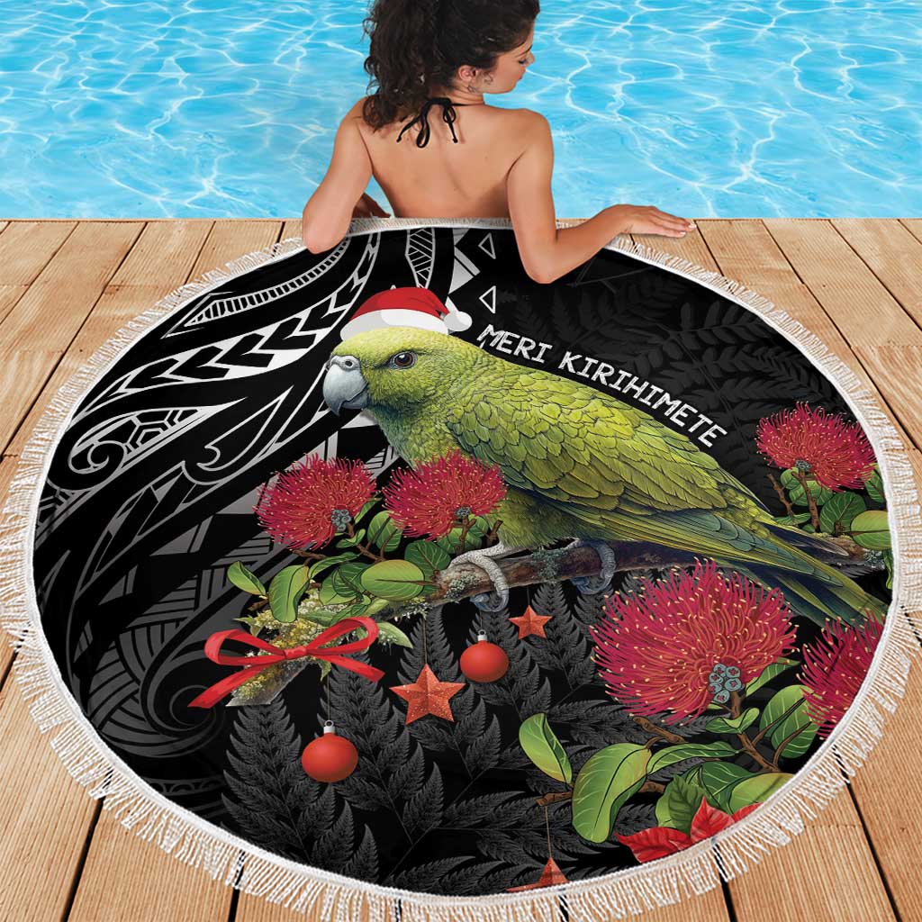 Meri Kirihimete Kakapo Beach Blanket Black Silver Fern Christmas Vibe