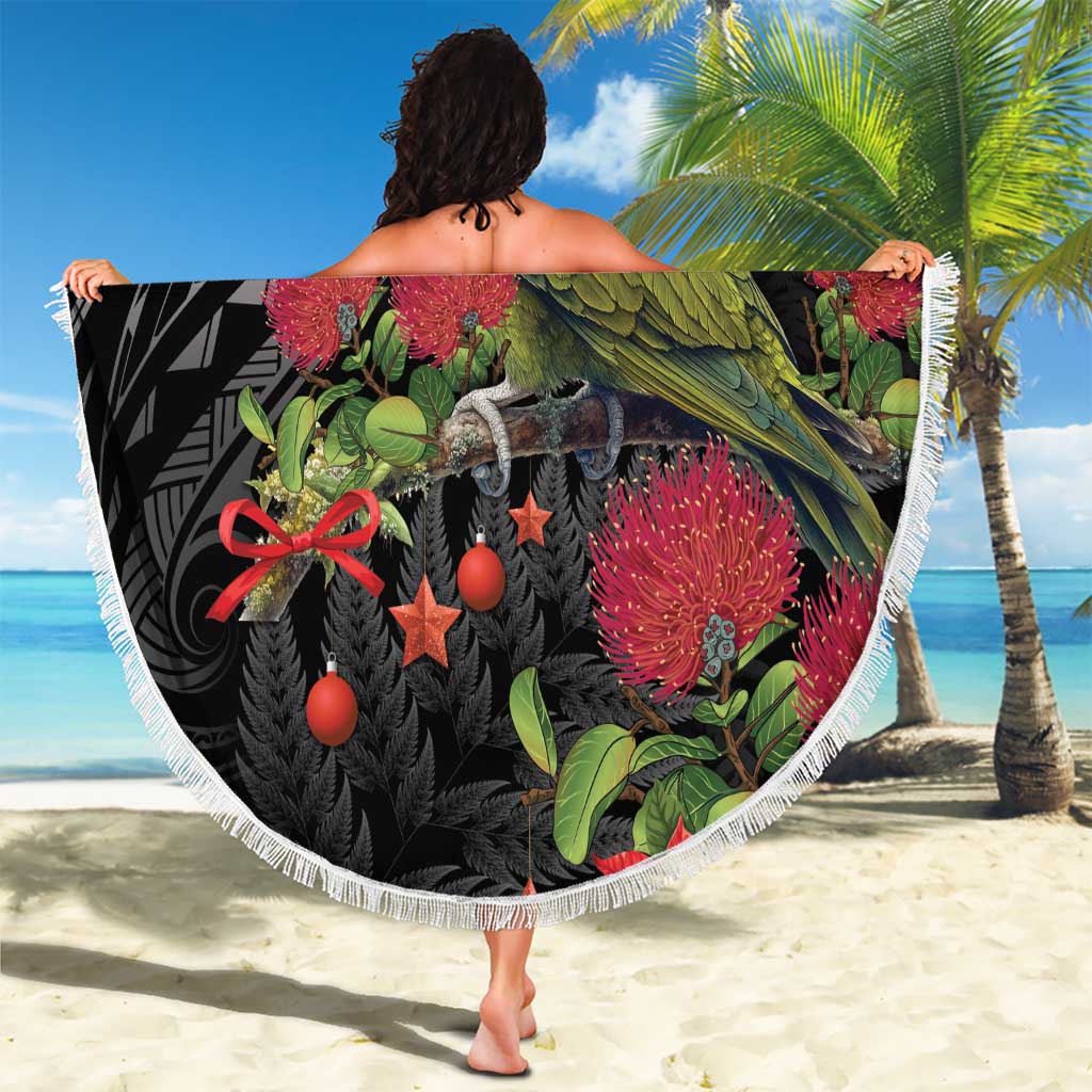 Meri Kirihimete Kakapo Beach Blanket Black Silver Fern Christmas Vibe