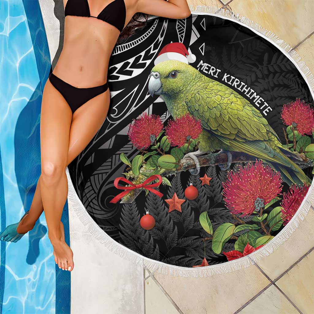 Meri Kirihimete Kakapo Beach Blanket Black Silver Fern Christmas Vibe