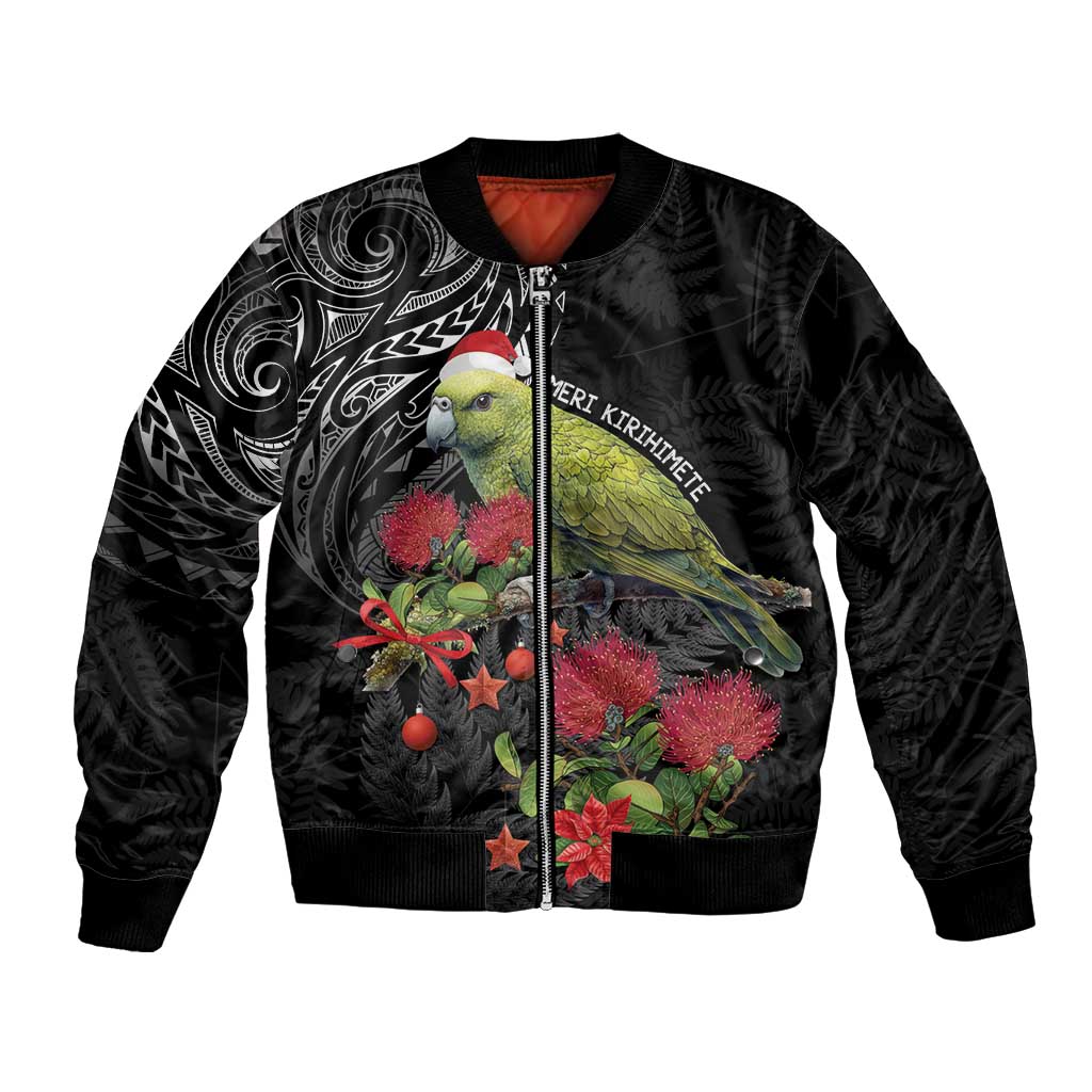 Meri Kirihimete Kakapo Bomber Jacket Black Silver Fern Christmas Vibe - Vibe Hoodie Shop