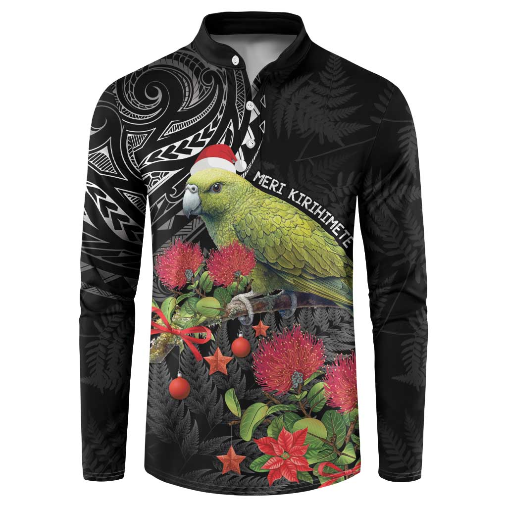 Meri Kirihimete Kakapo Button Sweatshirt Black Silver Fern Christmas Vibe