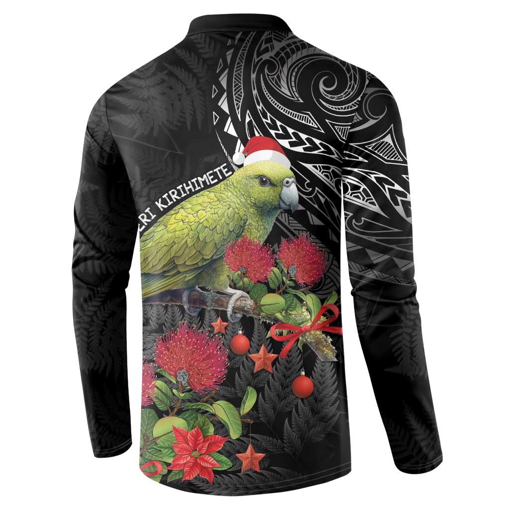 Meri Kirihimete Kakapo Button Sweatshirt Black Silver Fern Christmas Vibe