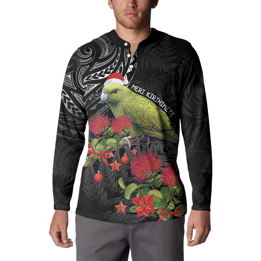 Meri Kirihimete Kakapo Button Sweatshirt Black Silver Fern Christmas Vibe