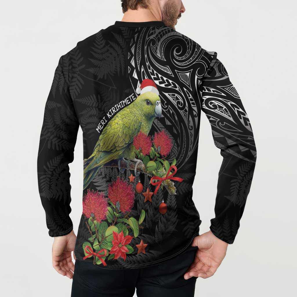 Meri Kirihimete Kakapo Button Sweatshirt Black Silver Fern Christmas Vibe