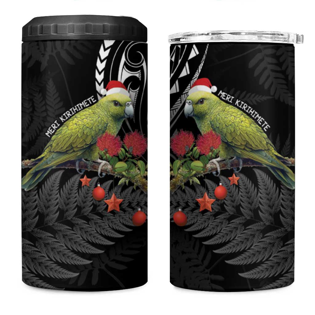 Meri Kirihimete Kakapo 4 in 1 Can Cooler Tumbler Black Silver Fern Christmas Vibe