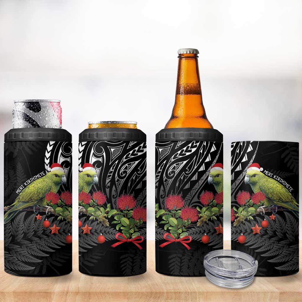 Meri Kirihimete Kakapo 4 in 1 Can Cooler Tumbler Black Silver Fern Christmas Vibe