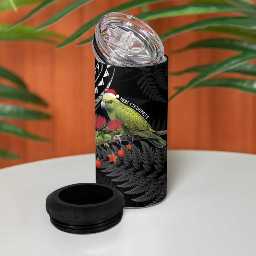 Meri Kirihimete Kakapo 4 in 1 Can Cooler Tumbler Black Silver Fern Christmas Vibe