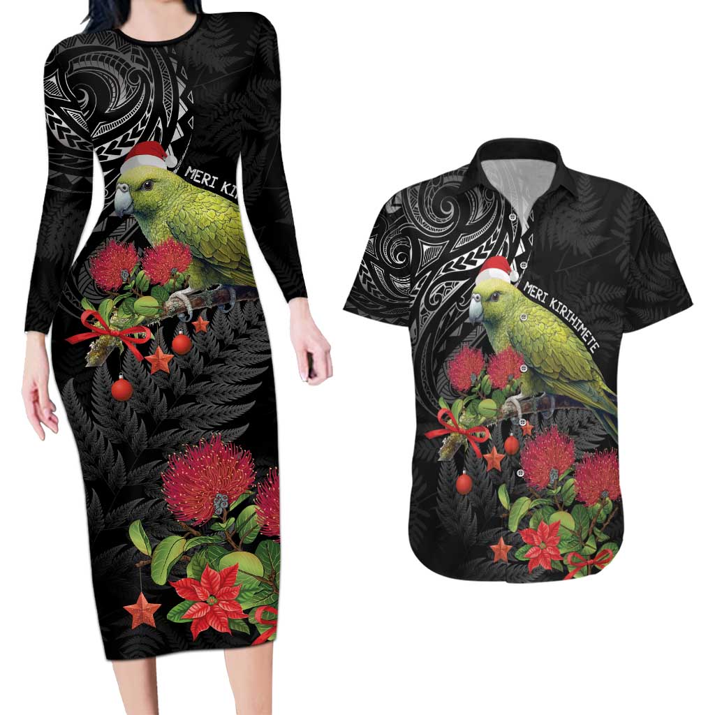 Meri Kirihimete Kakapo Couples Matching Long Sleeve Bodycon Dress and Hawaiian Shirt Black Silver Fern Christmas Vibe