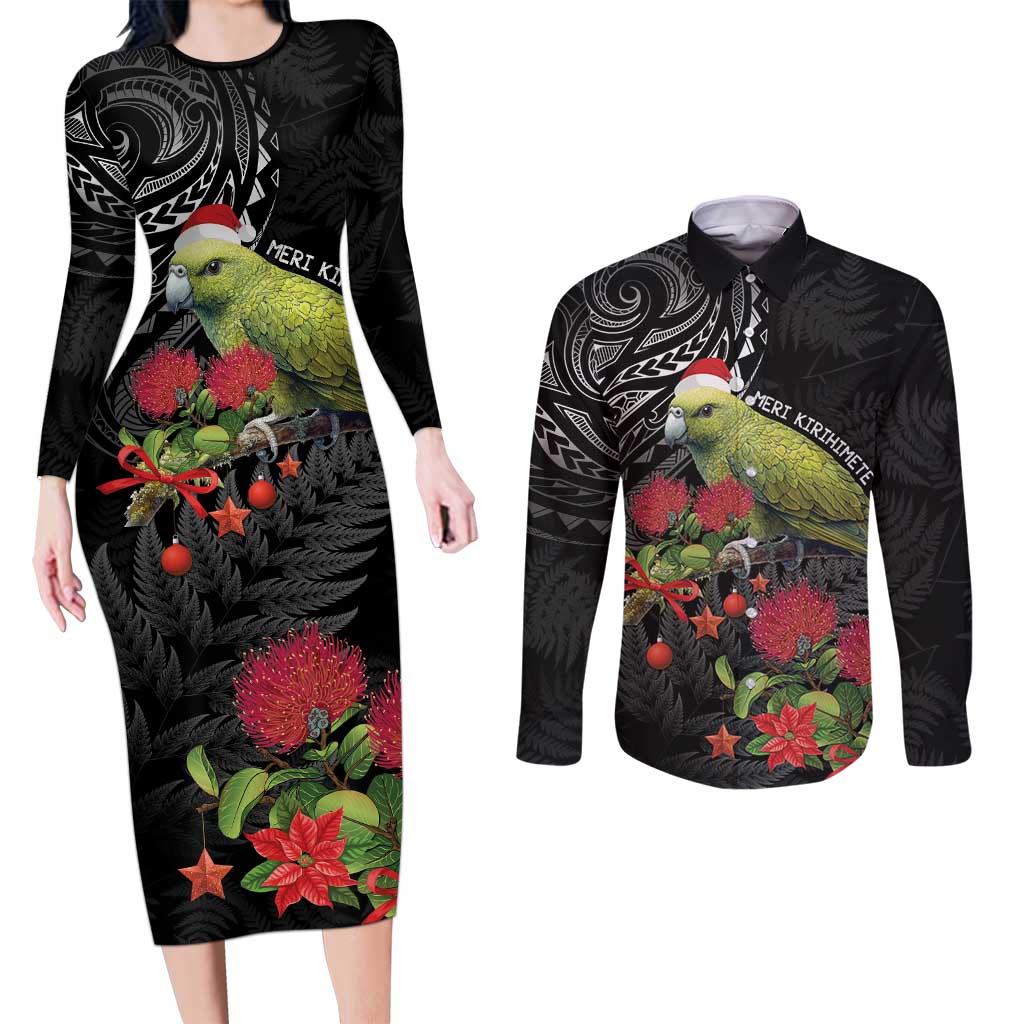 Meri Kirihimete Kakapo Couples Matching Long Sleeve Bodycon Dress and Long Sleeve Button Shirt Black Silver Fern Christmas Vibe