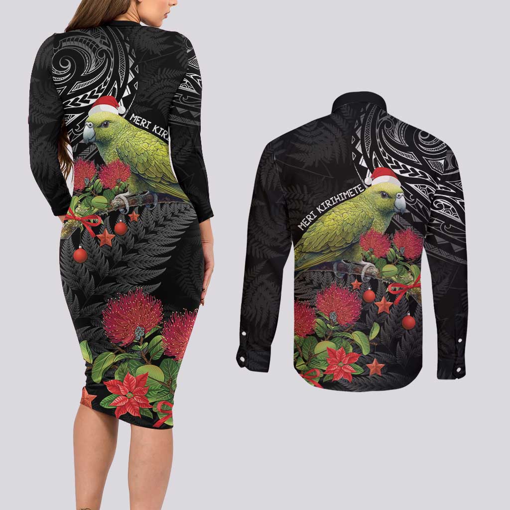 Meri Kirihimete Kakapo Couples Matching Long Sleeve Bodycon Dress and Long Sleeve Button Shirt Black Silver Fern Christmas Vibe