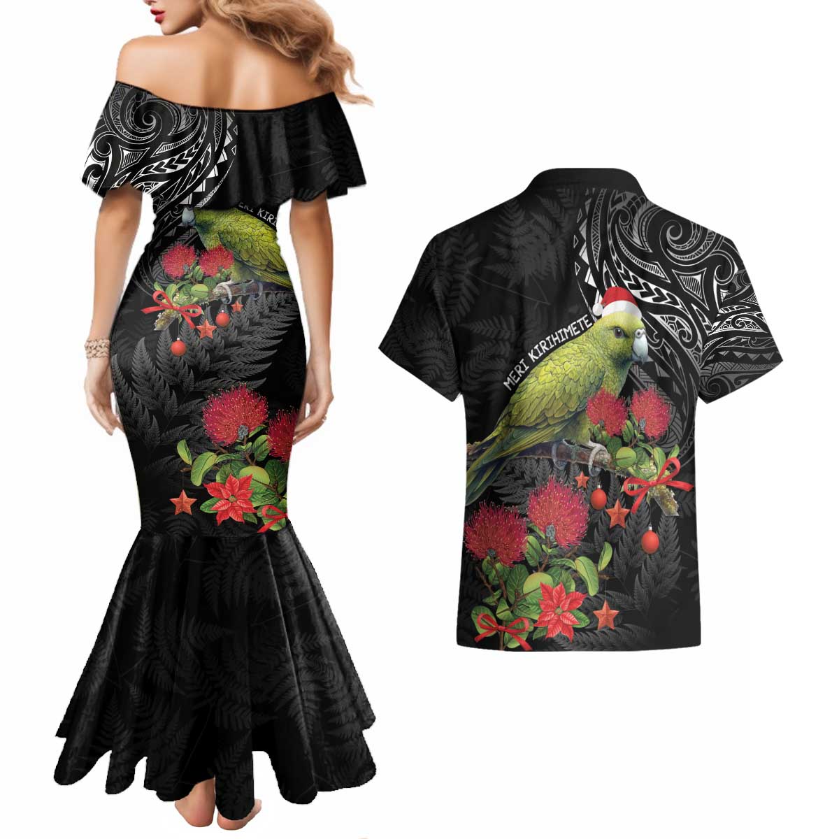 Meri Kirihimete Kakapo Couples Matching Mermaid Dress and Hawaiian Shirt Black Silver Fern Christmas Vibe