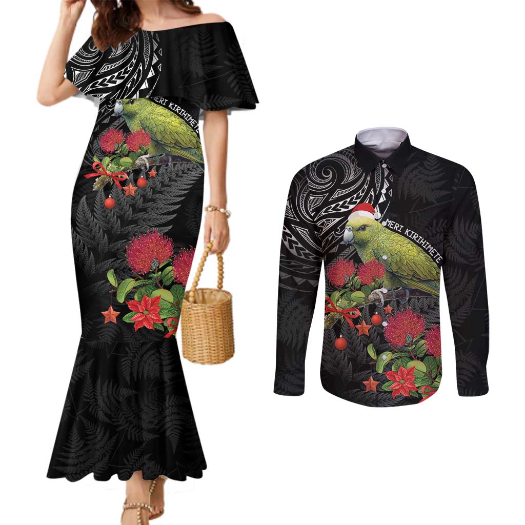 Meri Kirihimete Kakapo Couples Matching Mermaid Dress and Long Sleeve Button Shirt Black Silver Fern Christmas Vibe