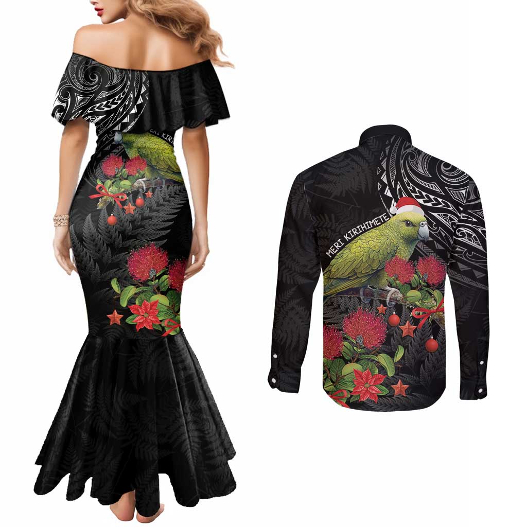 Meri Kirihimete Kakapo Couples Matching Mermaid Dress and Long Sleeve Button Shirt Black Silver Fern Christmas Vibe