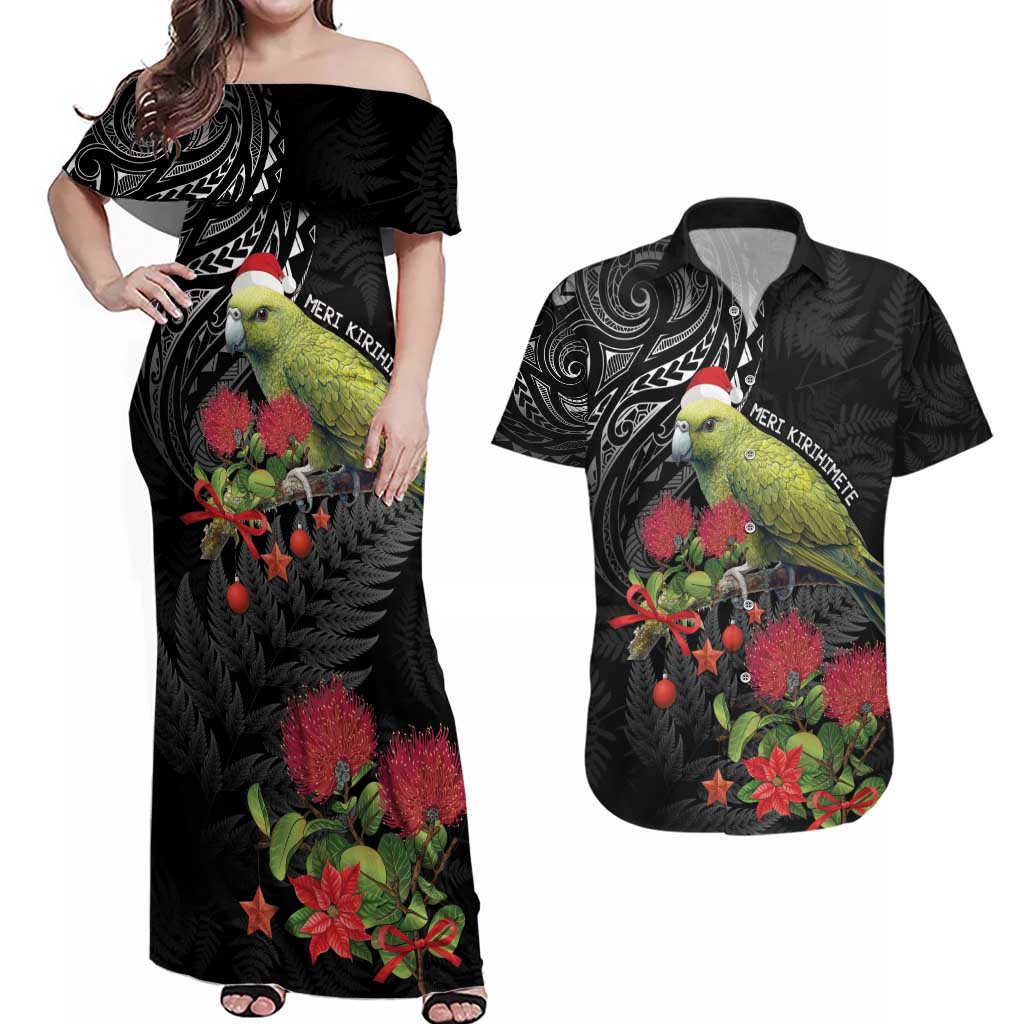 Meri Kirihimete Kakapo Couples Matching Off Shoulder Maxi Dress and Hawaiian Shirt Black Silver Fern Christmas Vibe