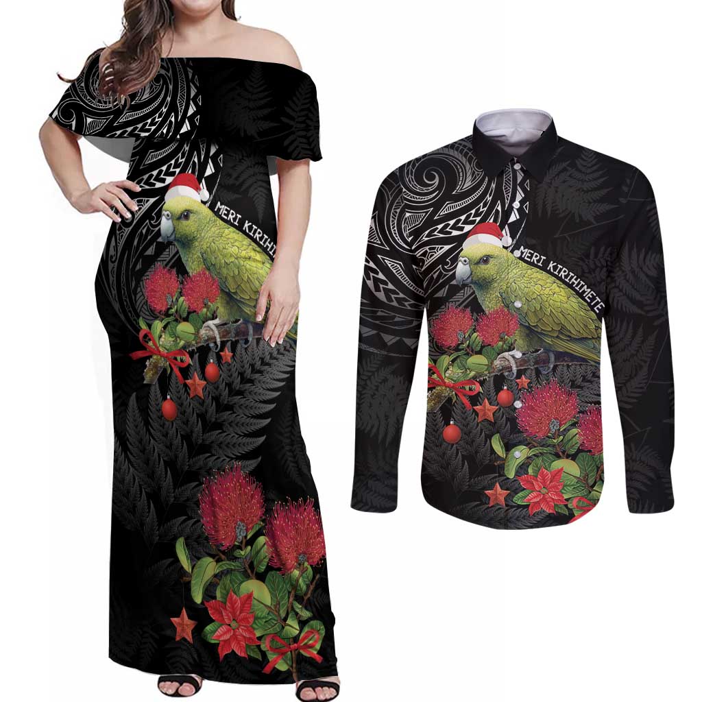 Meri Kirihimete Kakapo Couples Matching Off Shoulder Maxi Dress and Long Sleeve Button Shirt Black Silver Fern Christmas Vibe