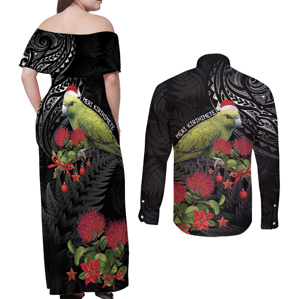 Meri Kirihimete Kakapo Couples Matching Off Shoulder Maxi Dress and Long Sleeve Button Shirt Black Silver Fern Christmas Vibe