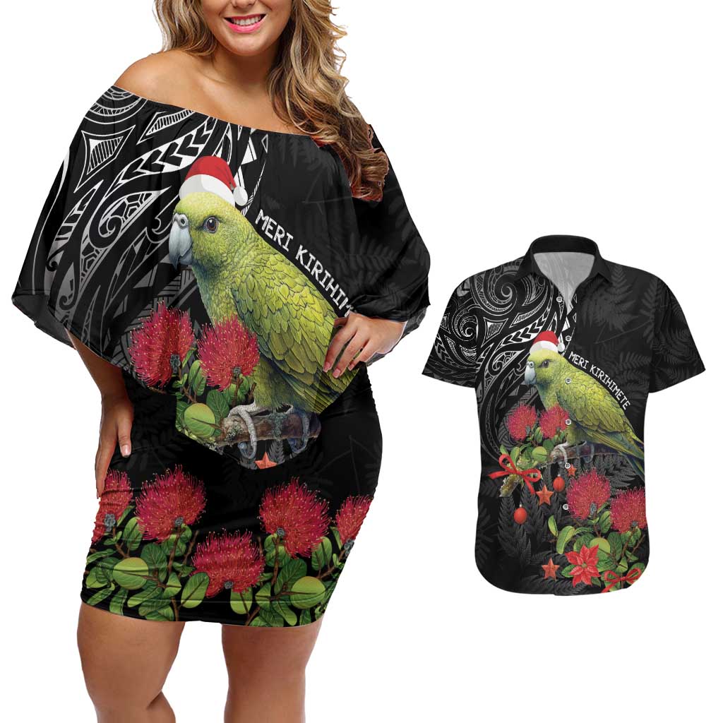 Meri Kirihimete Kakapo Couples Matching Off Shoulder Short Dress and Hawaiian Shirt Black Silver Fern Christmas Vibe