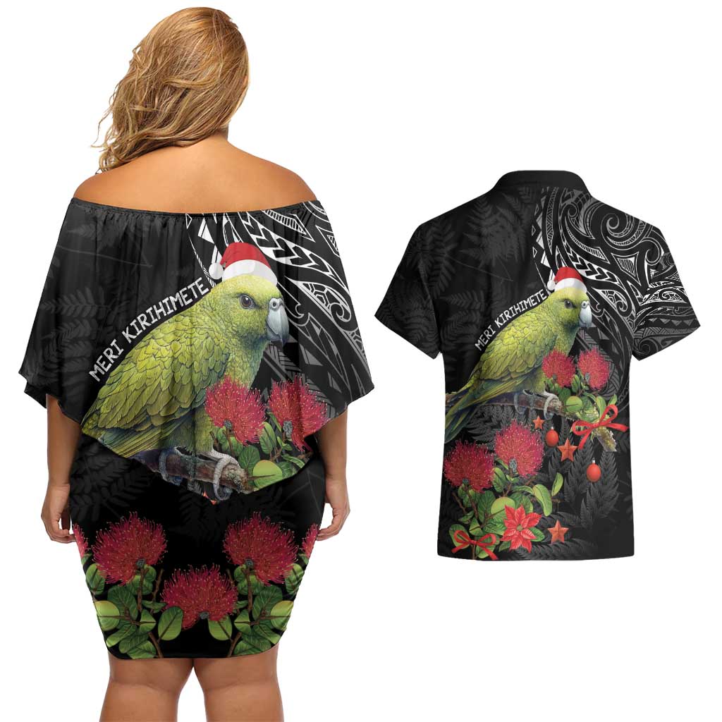 Meri Kirihimete Kakapo Couples Matching Off Shoulder Short Dress and Hawaiian Shirt Black Silver Fern Christmas Vibe