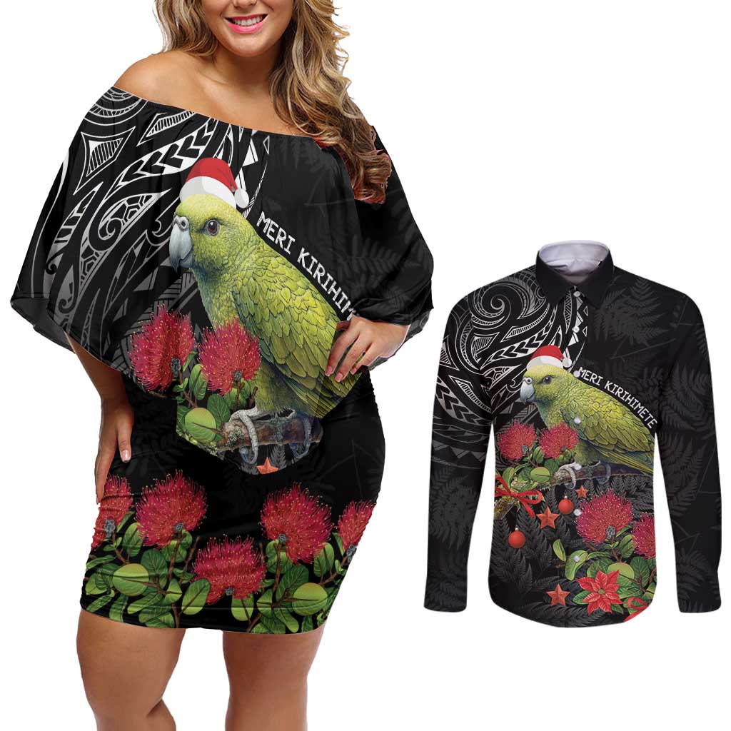 Meri Kirihimete Kakapo Couples Matching Off Shoulder Short Dress and Long Sleeve Button Shirt Black Silver Fern Christmas Vibe