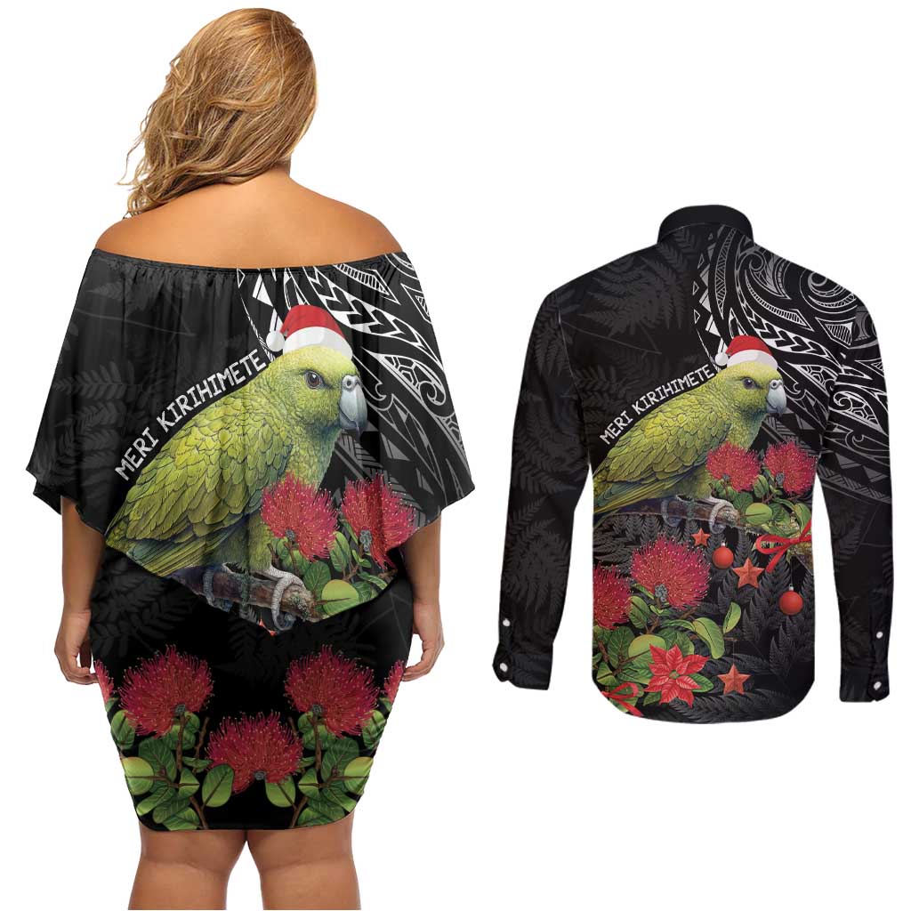 Meri Kirihimete Kakapo Couples Matching Off Shoulder Short Dress and Long Sleeve Button Shirt Black Silver Fern Christmas Vibe