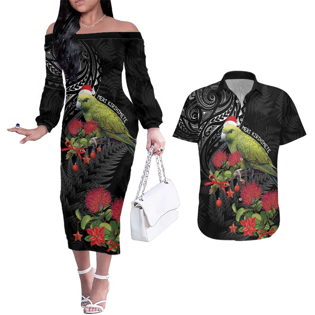 Meri Kirihimete Kakapo Couples Matching Off The Shoulder Long Sleeve Dress and Hawaiian Shirt Black Silver Fern Christmas Vibe