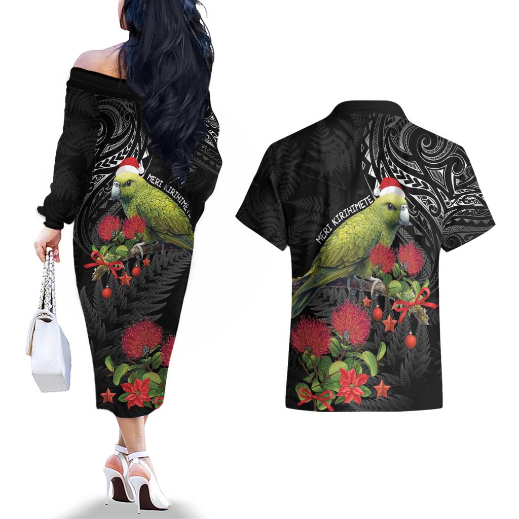 Meri Kirihimete Kakapo Couples Matching Off The Shoulder Long Sleeve Dress and Hawaiian Shirt Black Silver Fern Christmas Vibe