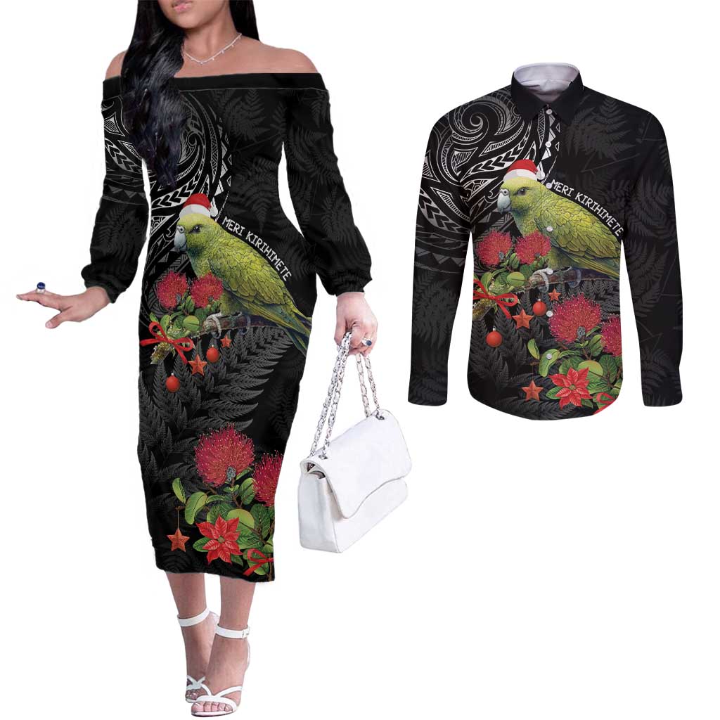 Meri Kirihimete Kakapo Couples Matching Off The Shoulder Long Sleeve Dress and Long Sleeve Button Shirt Black Silver Fern Christmas Vibe