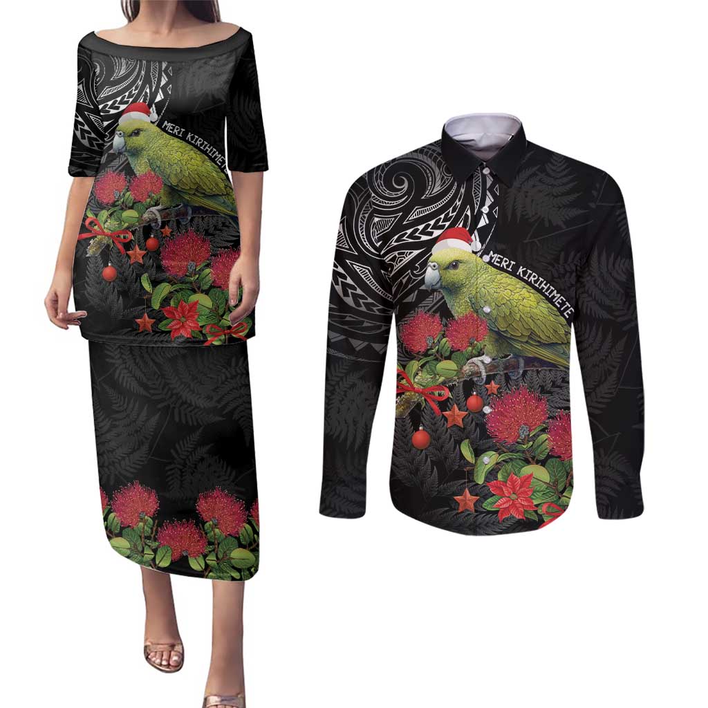 Meri Kirihimete Kakapo Couples Matching Puletasi and Long Sleeve Button Shirt Black Silver Fern Christmas Vibe