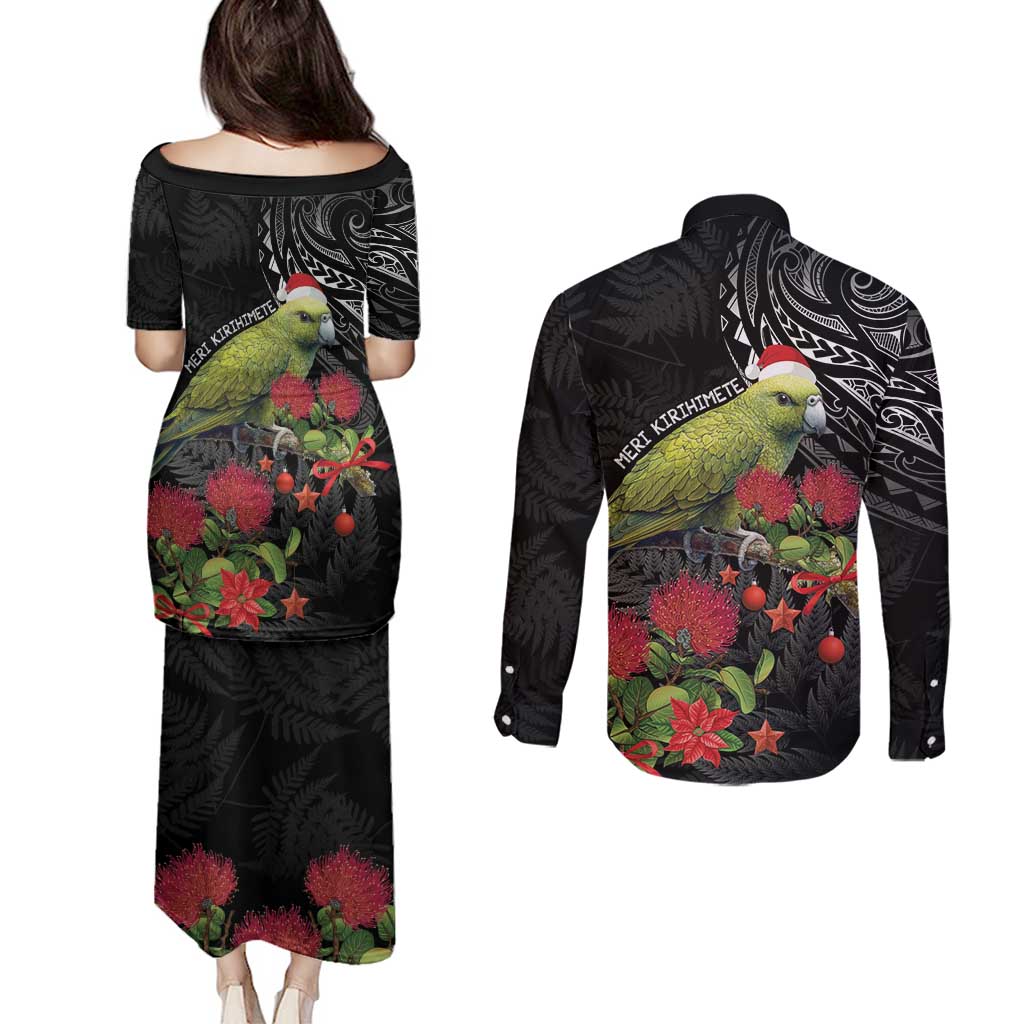 Meri Kirihimete Kakapo Couples Matching Puletasi and Long Sleeve Button Shirt Black Silver Fern Christmas Vibe