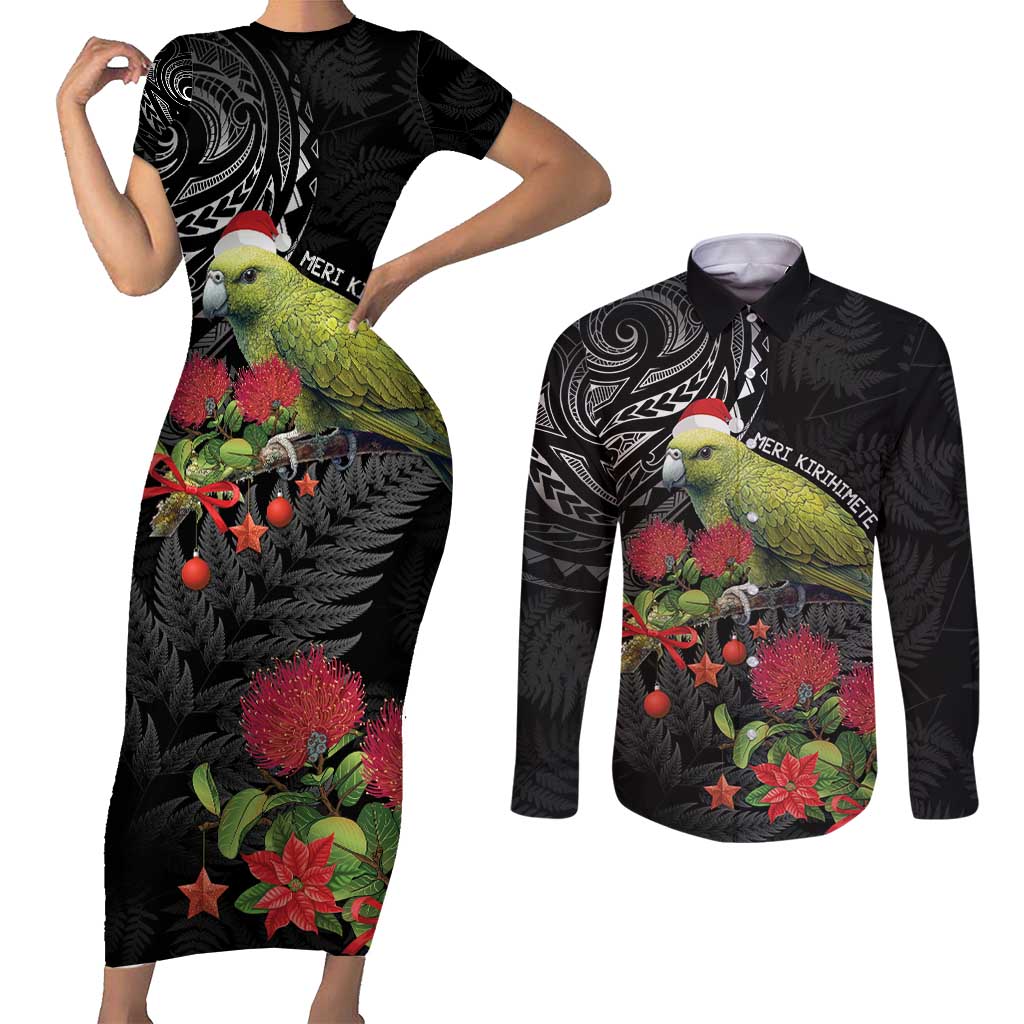 Meri Kirihimete Kakapo Couples Matching Short Sleeve Bodycon Dress and Long Sleeve Button Shirt Black Silver Fern Christmas Vibe