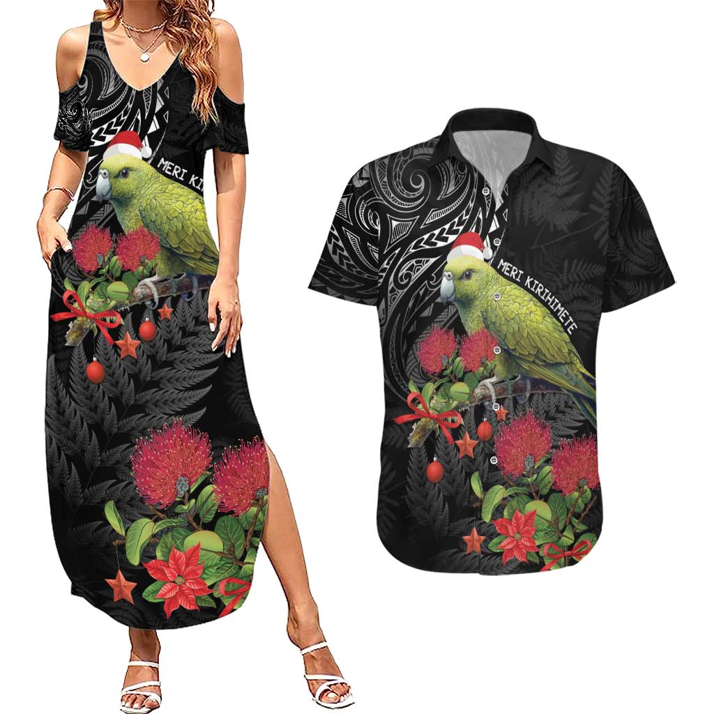 Meri Kirihimete Kakapo Couples Matching Summer Maxi Dress and Hawaiian Shirt Black Silver Fern Christmas Vibe