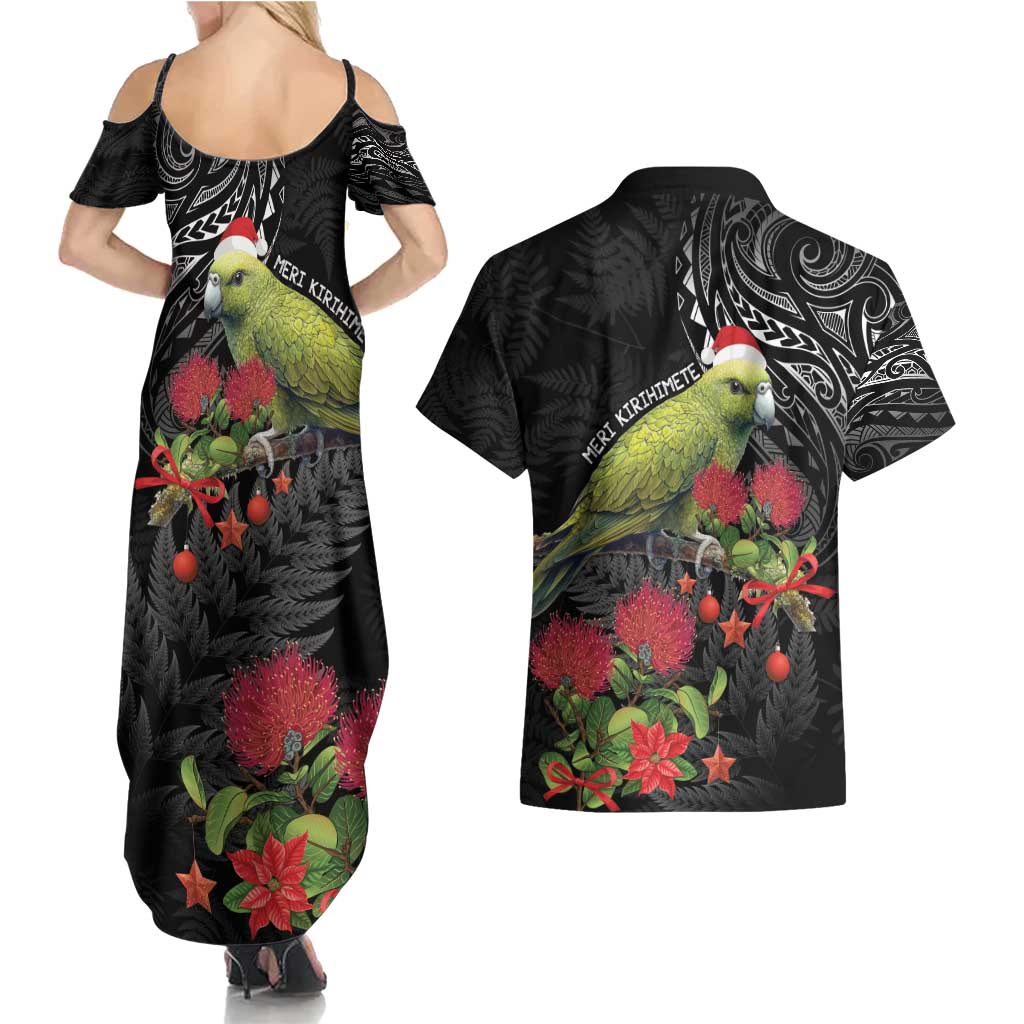 Meri Kirihimete Kakapo Couples Matching Summer Maxi Dress and Hawaiian Shirt Black Silver Fern Christmas Vibe