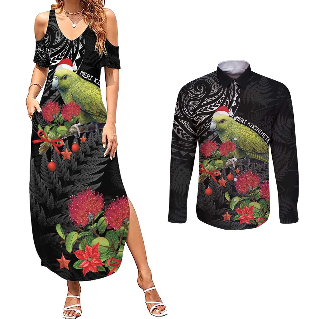 Meri Kirihimete Kakapo Couples Matching Summer Maxi Dress and Long Sleeve Button Shirt Black Silver Fern Christmas Vibe