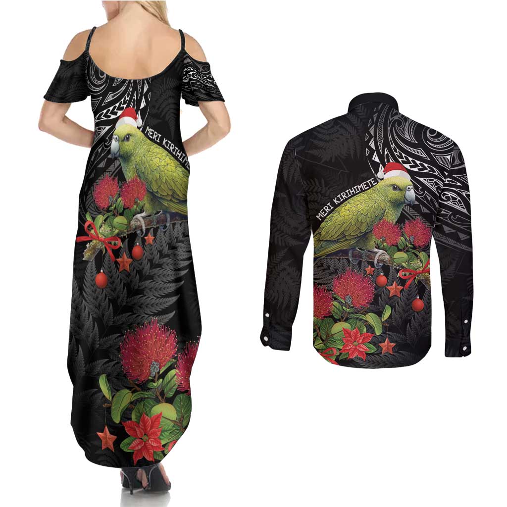 Meri Kirihimete Kakapo Couples Matching Summer Maxi Dress and Long Sleeve Button Shirt Black Silver Fern Christmas Vibe