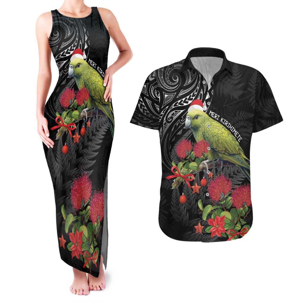 Meri Kirihimete Kakapo Couples Matching Tank Maxi Dress and Hawaiian Shirt Black Silver Fern Christmas Vibe