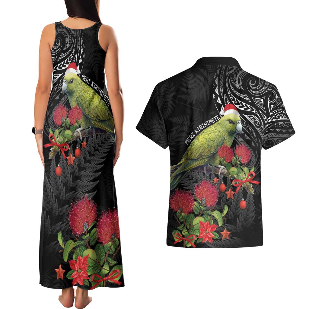 Meri Kirihimete Kakapo Couples Matching Tank Maxi Dress and Hawaiian Shirt Black Silver Fern Christmas Vibe