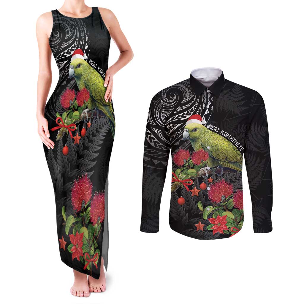 Meri Kirihimete Kakapo Couples Matching Tank Maxi Dress and Long Sleeve Button Shirt Black Silver Fern Christmas Vibe