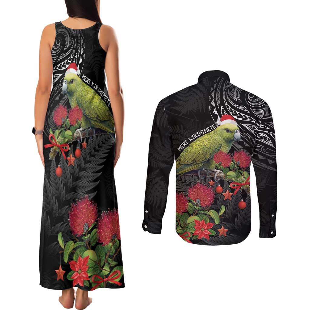 Meri Kirihimete Kakapo Couples Matching Tank Maxi Dress and Long Sleeve Button Shirt Black Silver Fern Christmas Vibe