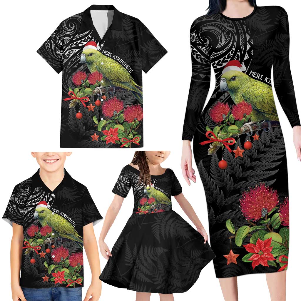 Meri Kirihimete Kakapo Family Matching Long Sleeve Bodycon Dress and Hawaiian Shirt Black Silver Fern Christmas Vibe