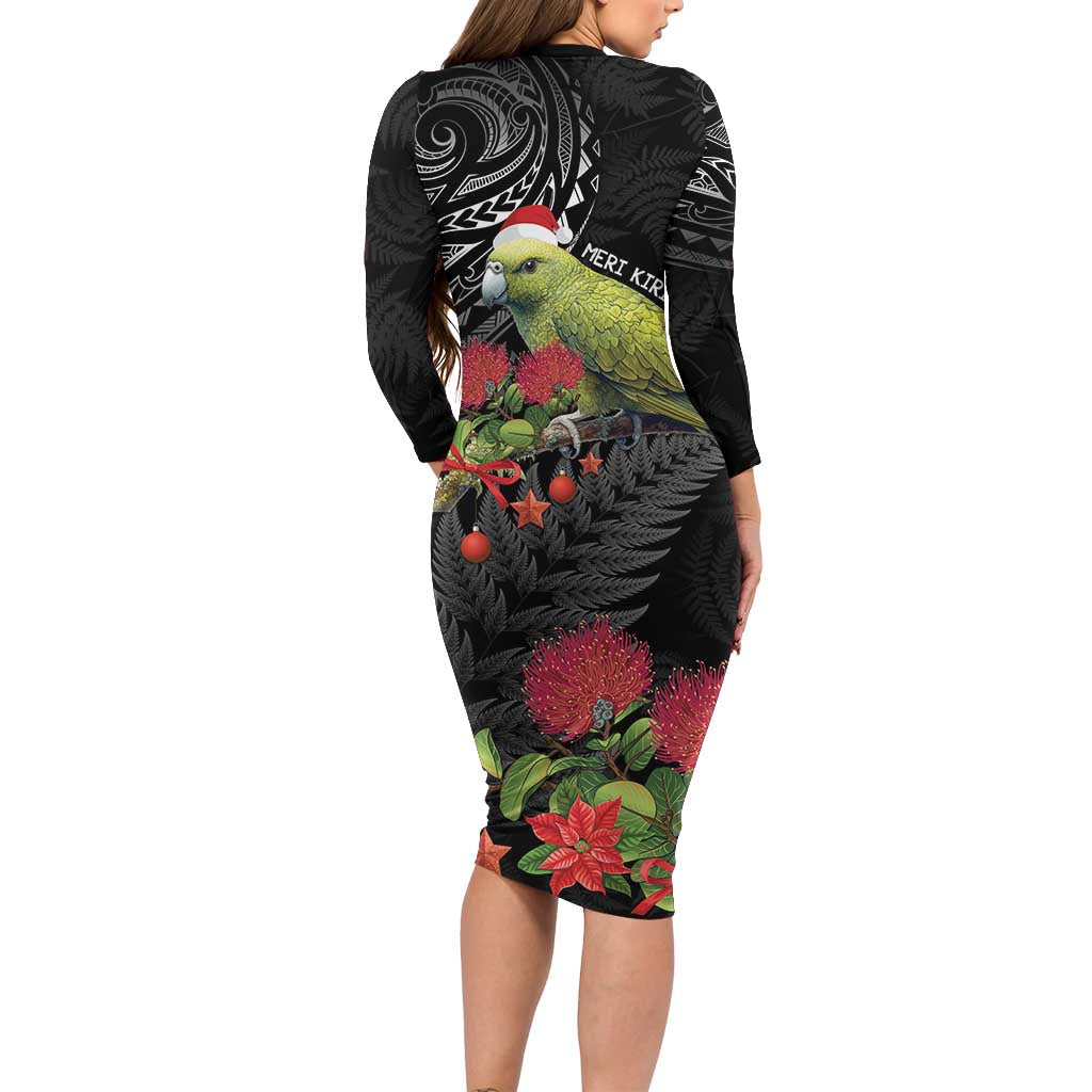 Meri Kirihimete Kakapo Family Matching Long Sleeve Bodycon Dress and Hawaiian Shirt Black Silver Fern Christmas Vibe