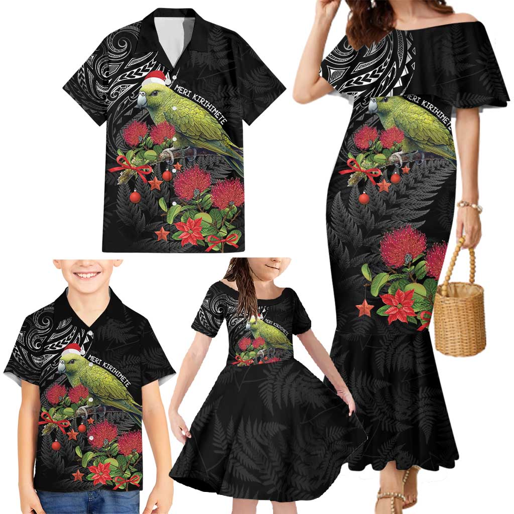 Meri Kirihimete Kakapo Family Matching Mermaid Dress and Hawaiian Shirt Black Silver Fern Christmas Vibe