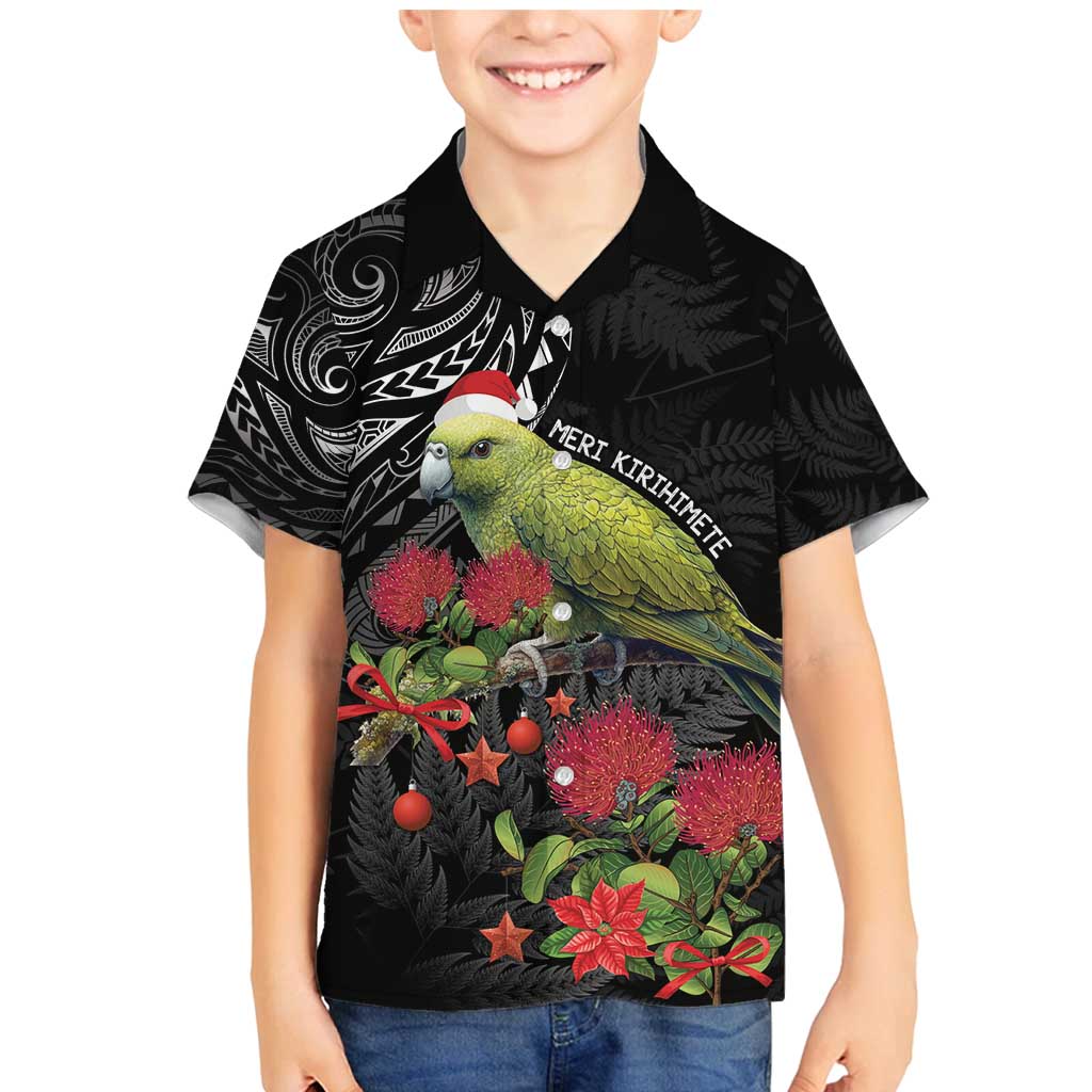 Meri Kirihimete Kakapo Family Matching Mermaid Dress and Hawaiian Shirt Black Silver Fern Christmas Vibe