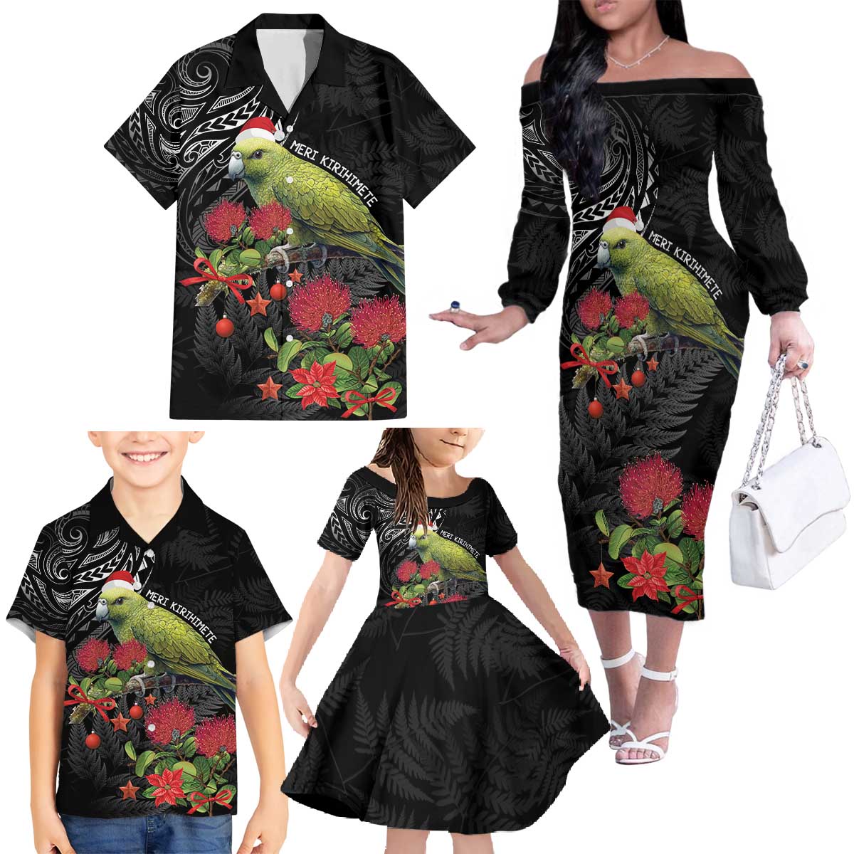 Meri Kirihimete Kakapo Family Matching Off The Shoulder Long Sleeve Dress and Hawaiian Shirt Black Silver Fern Christmas Vibe