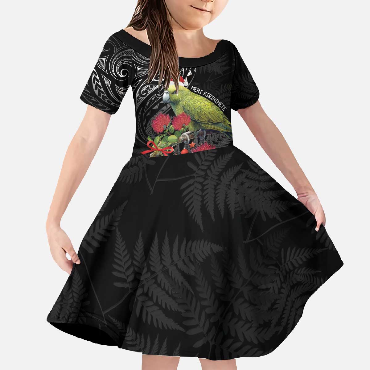 Meri Kirihimete Kakapo Family Matching Off The Shoulder Long Sleeve Dress and Hawaiian Shirt Black Silver Fern Christmas Vibe